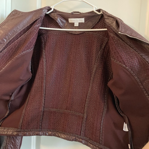 Moto Faux Leather Jacket with Quilted Pattern & Spandex Burgundy/Brown - Picture 3 of 11
